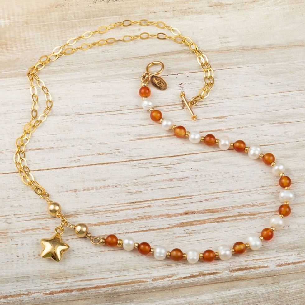 18k Gold-Plated Beaded Necklace with Carnelian and Pearls 'Treasure of Love'