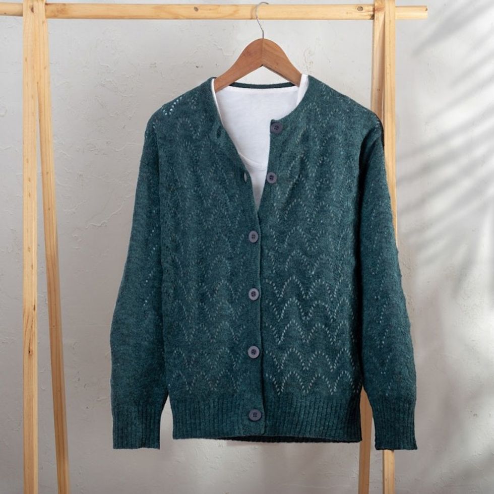Knit Baby Alpaca Blend Cardigan in Azure Crafted in Peru 'Cozy'