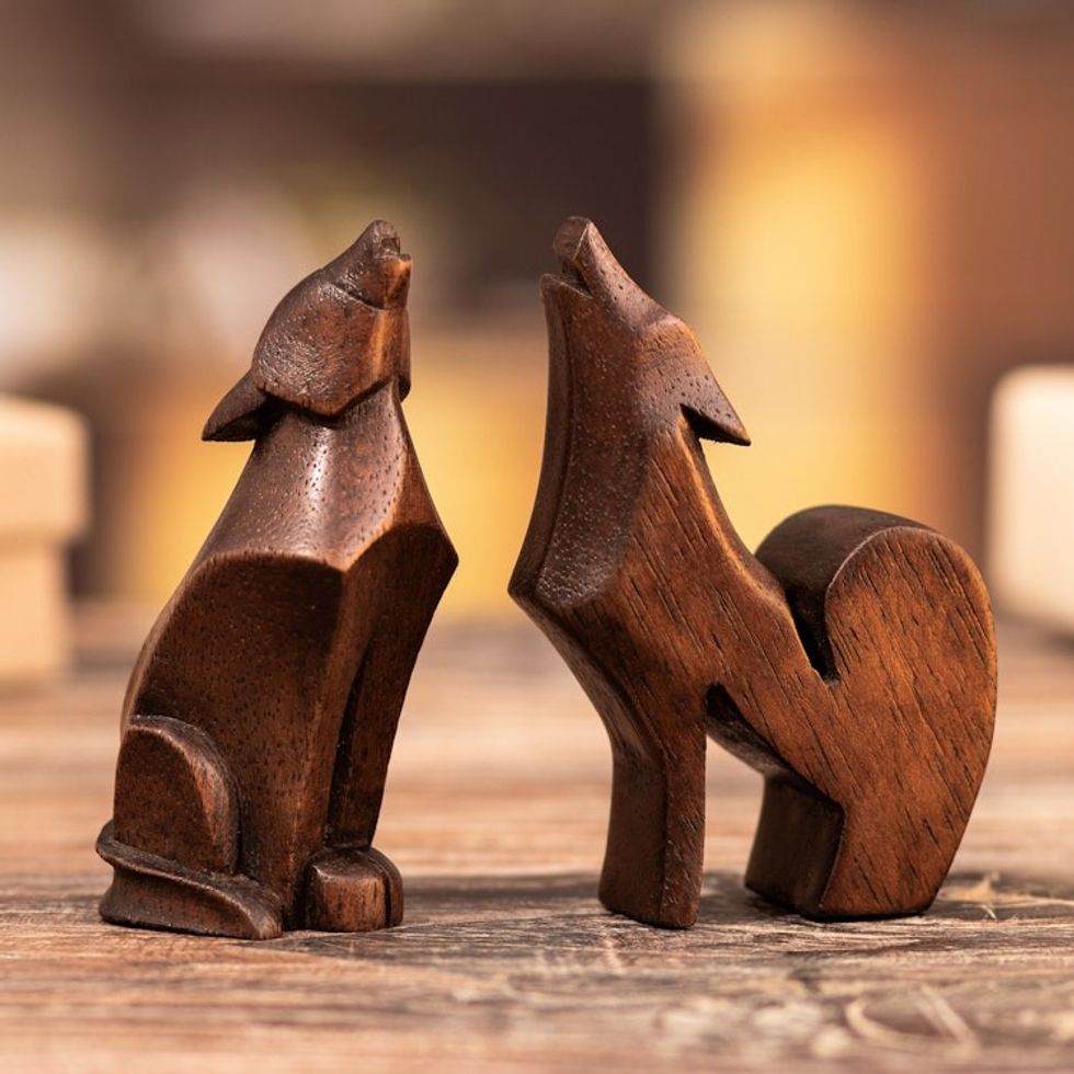 Two Hand-Carved Minimalist Wolf-Themed Cedarwood Figurines 'Spirits of the Dawn'
