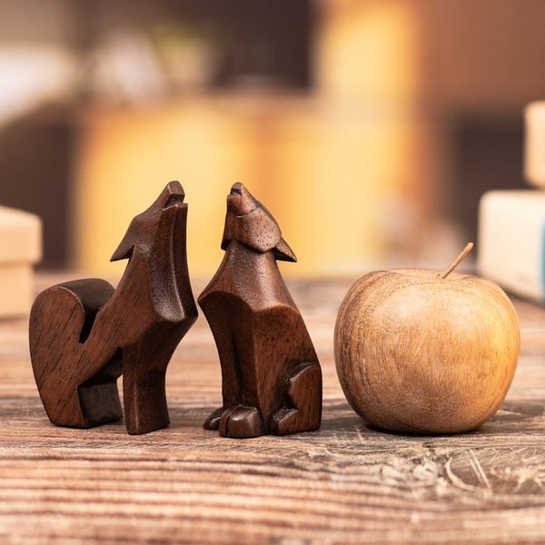 Alternate image for Two Hand-Carved Minimalist Wolf-Themed Cedarwood Figurines Spirits of the Dawn