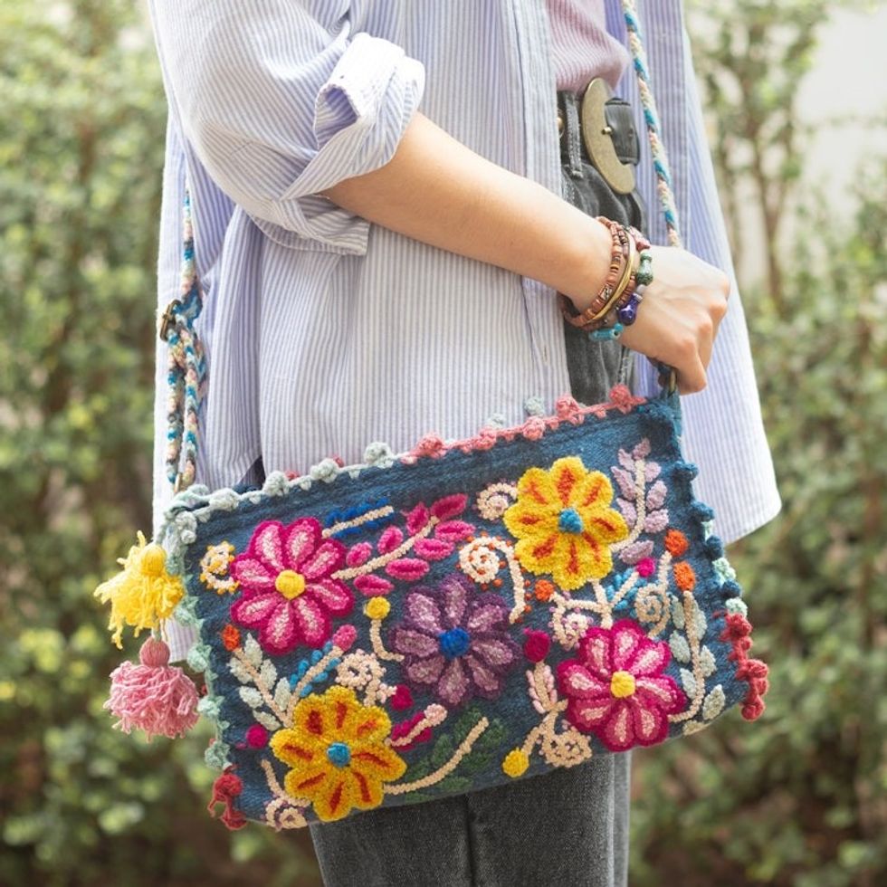 Handloomed Floral Iris Alpaca Sling with Zipper Closure 'Ayacucho Blossoming'