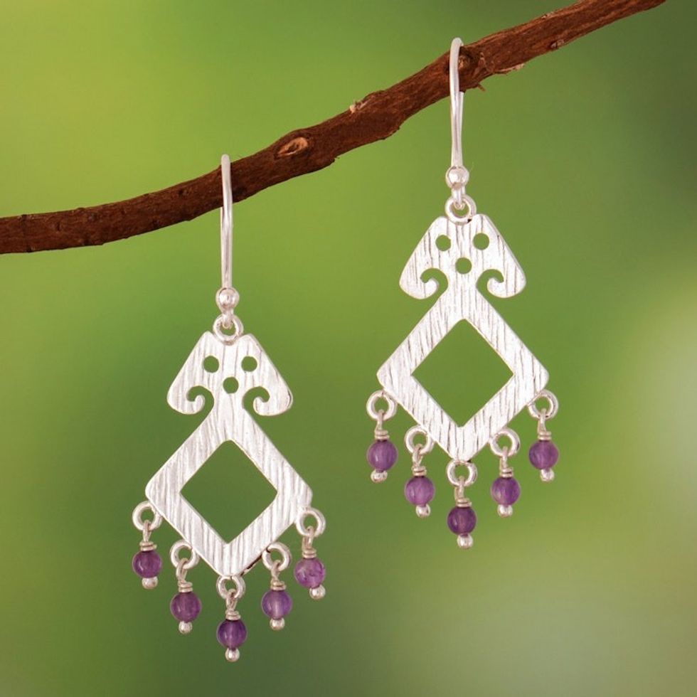 Polished Geometric Natural Amethyst Chandelier Earrings 'Moche Spirit'