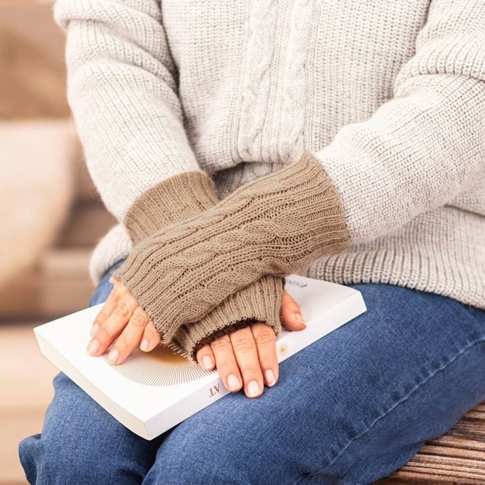 Brown and Camel 100 Alpaca Reversible Fingerless Mittens 'Chestnut and Camel Glam'
