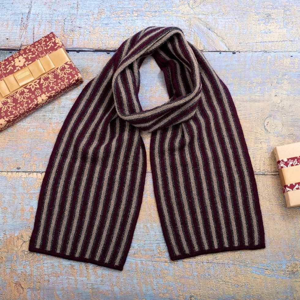 Soft Striped 100 Alpaca Scarf in Bordeaux and Grey Hues 'Wine Paths'