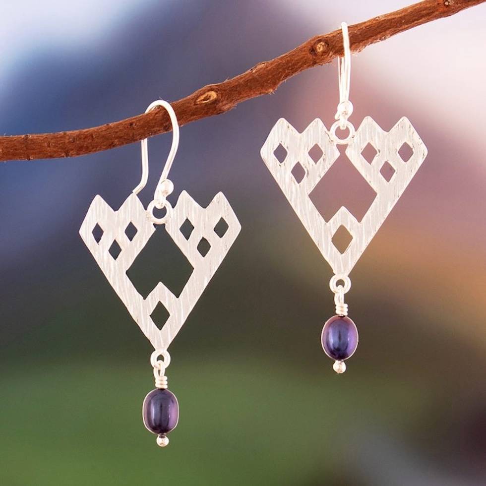 Moche-Inspired Peacock Cultured Pearl Dangle Earrings 'Moche Reflection'