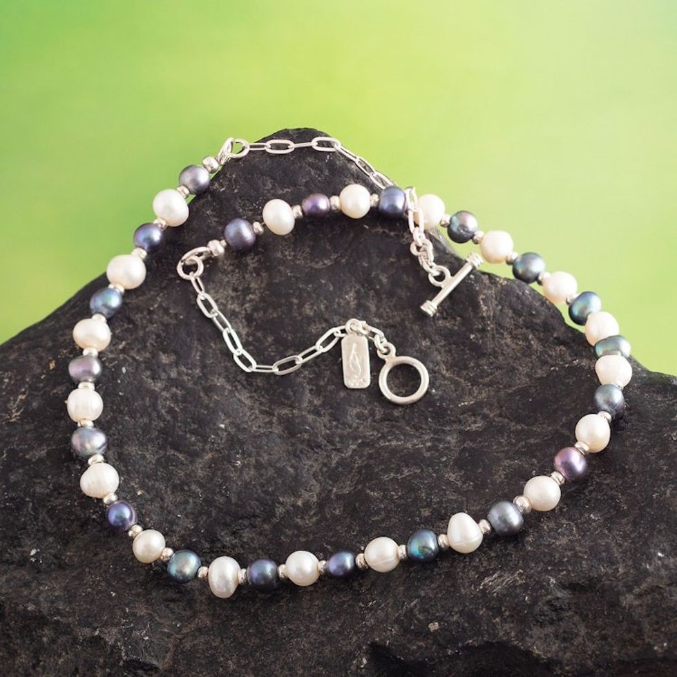 Sterling Silver and Cultured Pearl Classic Strand Necklace 'Natural Contrast'