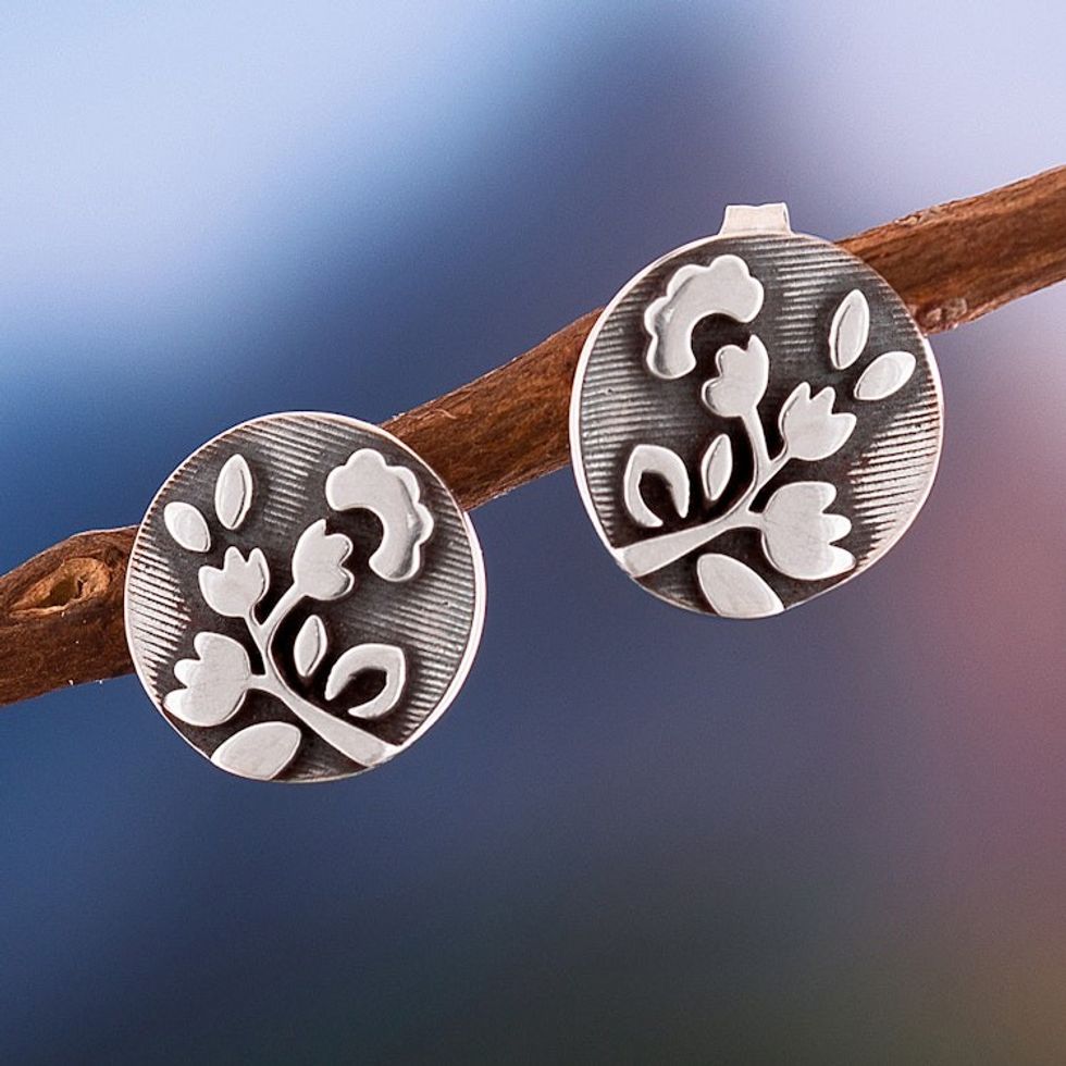 Relief Sterling Silver Floral Stud Earrings from Peru 'Cotton Flowers'