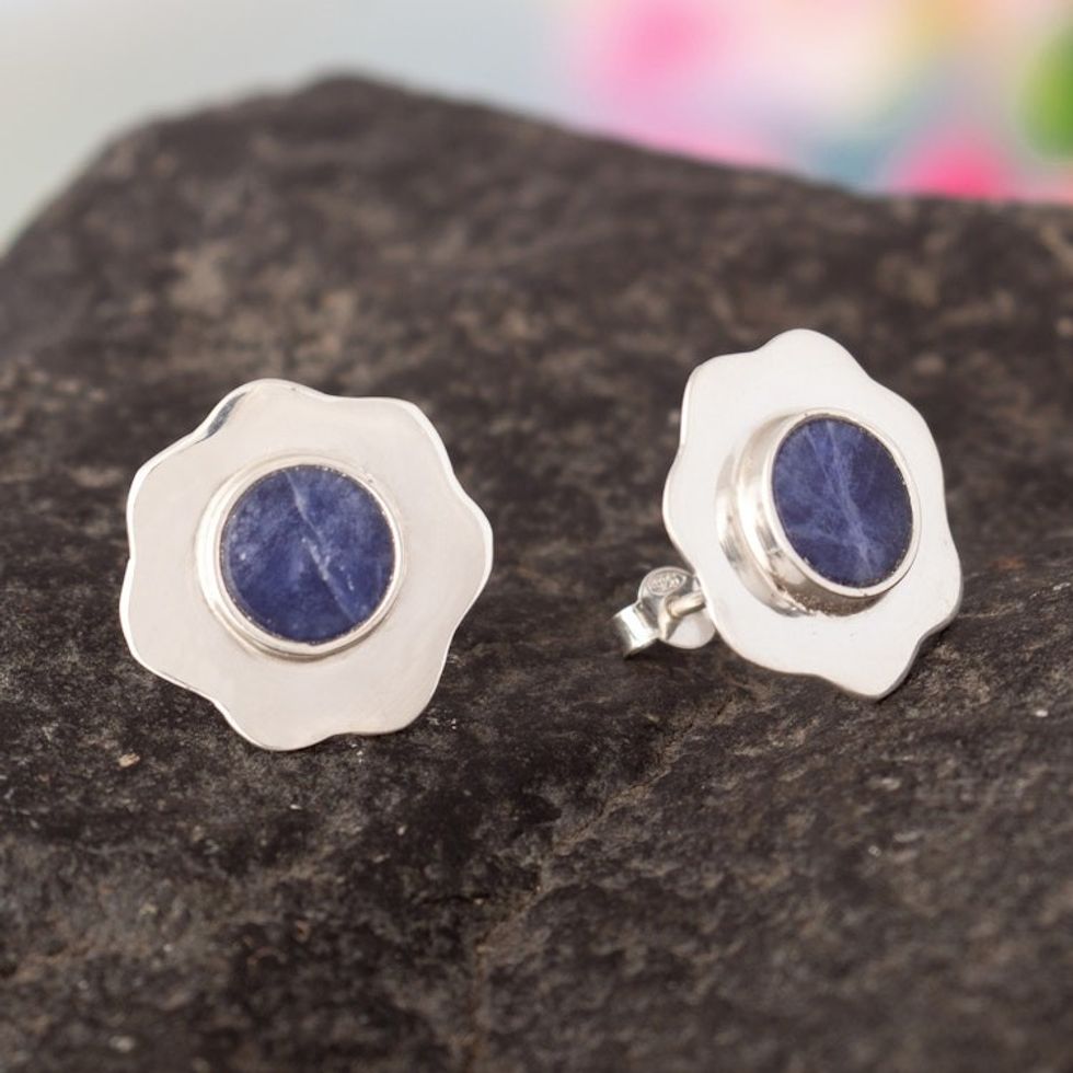 Polished Floral Button Earrings with Natural Sodalite Gems 'Creativity Bouquet'