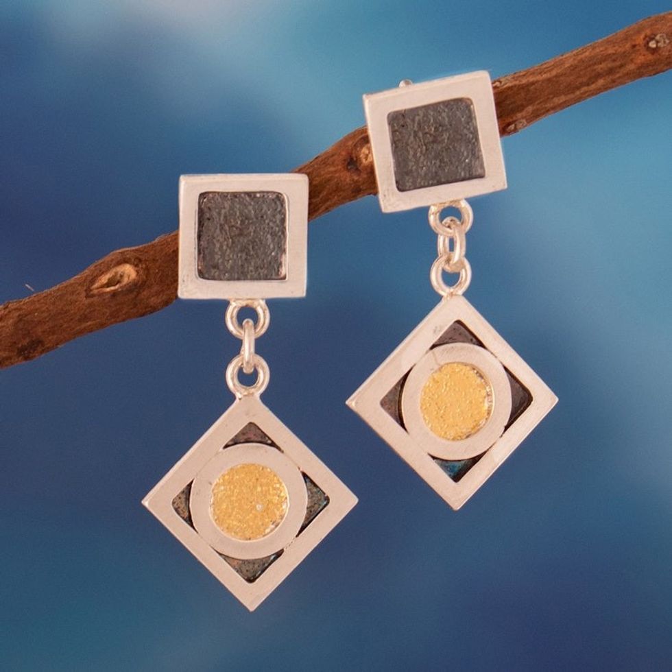 22k Gold-Accented Diamond-Shaped Dangle Earrings from Peru 'The Angular Temple'