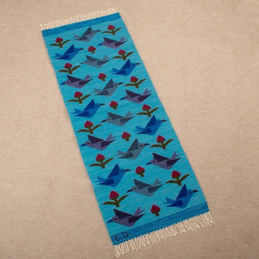 Handloomed Turquoise Wool Rug with Birds and Flowers 2x5 'Turquoise Calm'