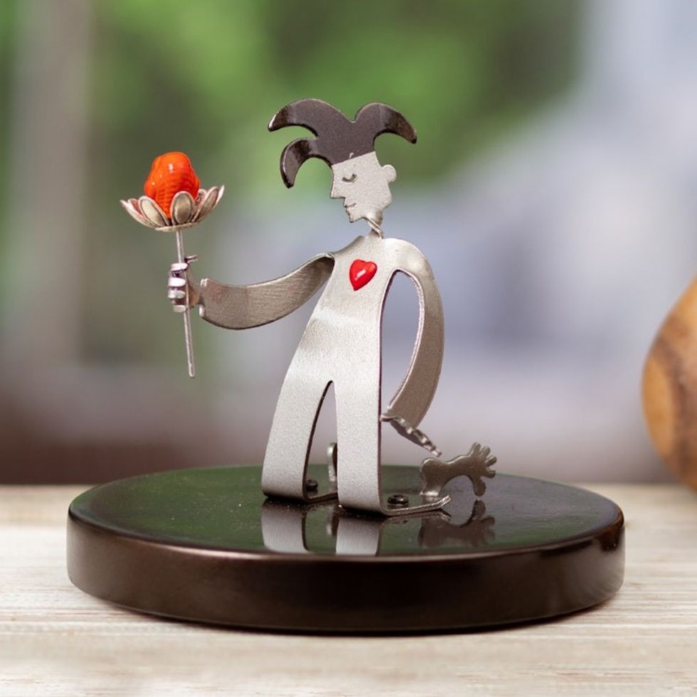Romantic Aluminum Sculpture of a Harlequin with a Wood Base 'Love Harlequin'