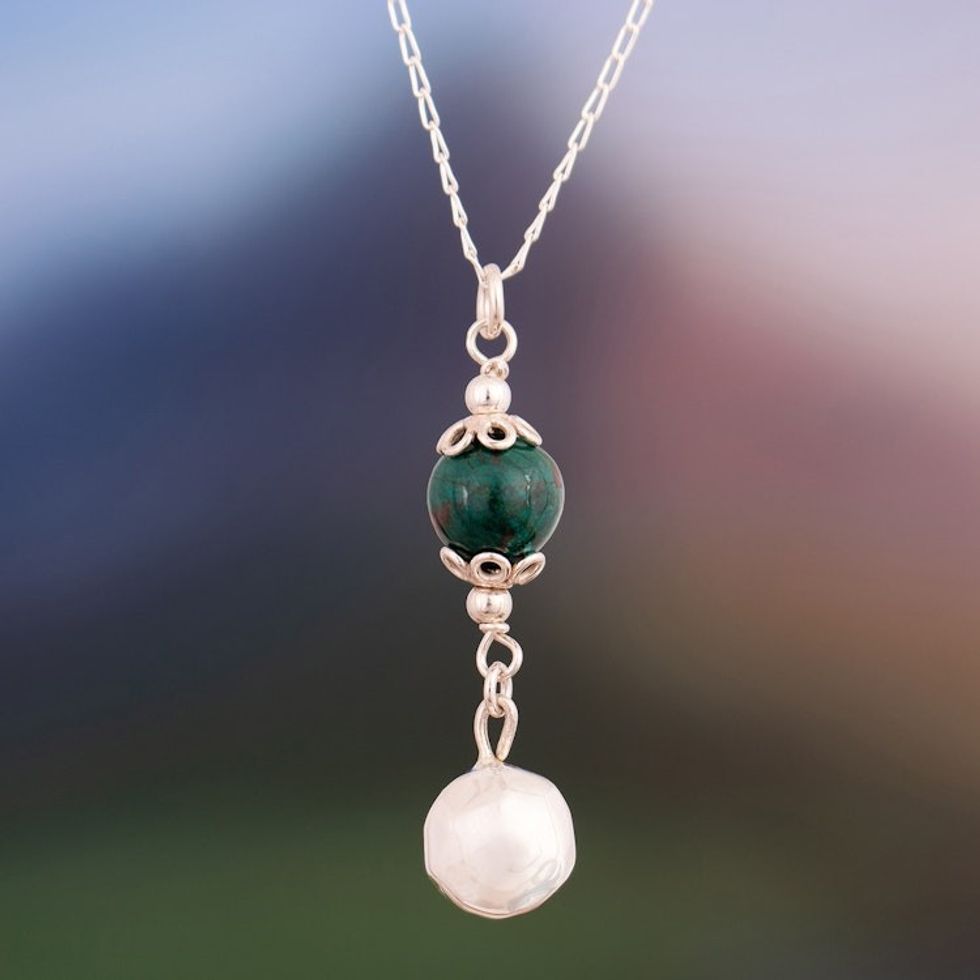Natural Chrysocolla and Sterling Silver Pendant Necklace 'Earth and Heaven'