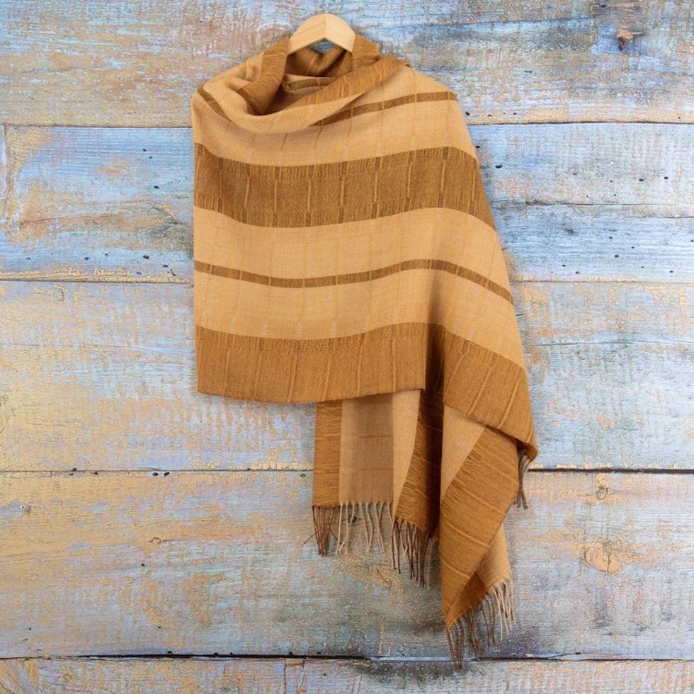 Handloomed Soft Brown and Beige 100 Baby Alpaca Shawl 'Andean Evening'