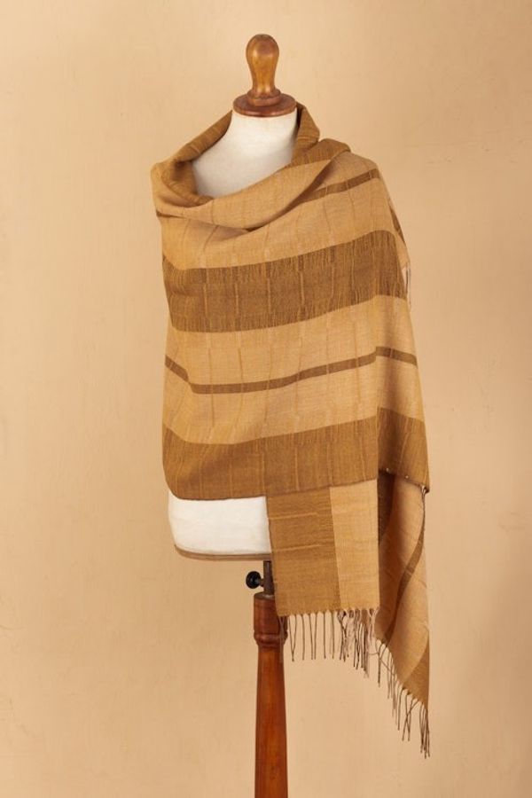 Alternate image for Handloomed Soft Brown and Beige 100 Baby Alpaca Shawl Andean Evening