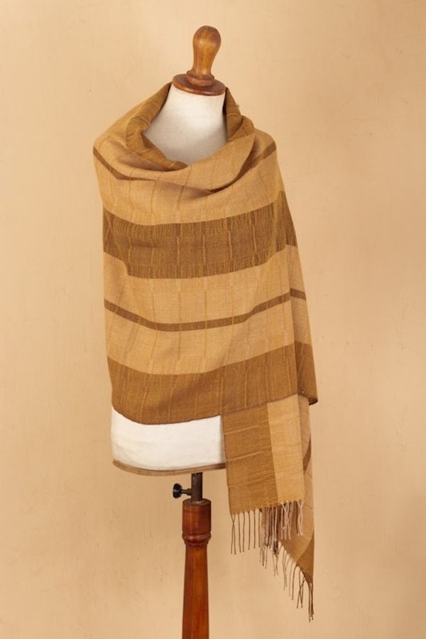 Alternate image for Handloomed Soft Brown and Beige 100 Baby Alpaca Shawl Andean Evening