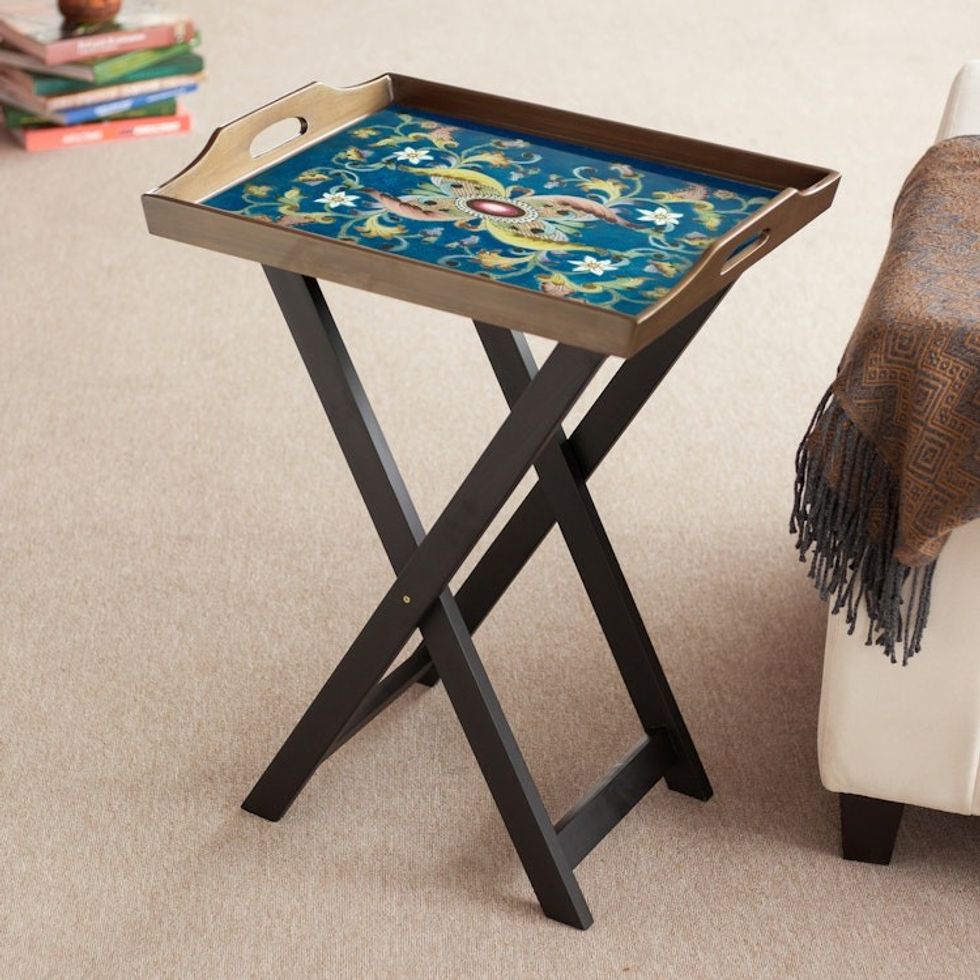 Handmade Reverse Painted Glass and Wood Folding Table 'Colonial Night'