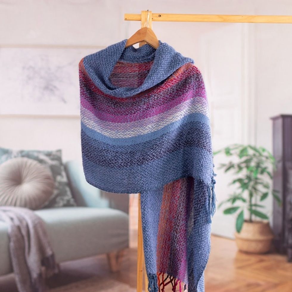 Handwoven Striped Fringed Alpaca Blend Shawl in Periwinkle 'Mountain Sky'