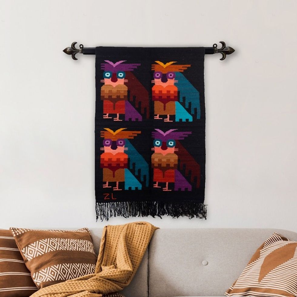 Owl-Themed Handloomed Black Wool and Cotton Blend Tapestry 'Owl Night'
