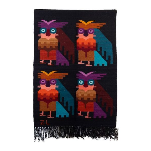 Alternate image for Owl-Themed Handloomed Black Wool and Cotton Blend Tapestry Owl Night