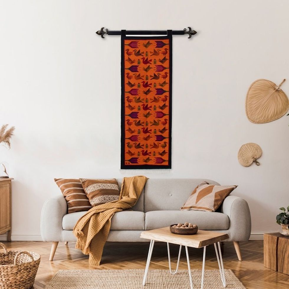 Bird-Themed Floral Handloomed 100 Wool Tapestry from Peru 'Swallows'