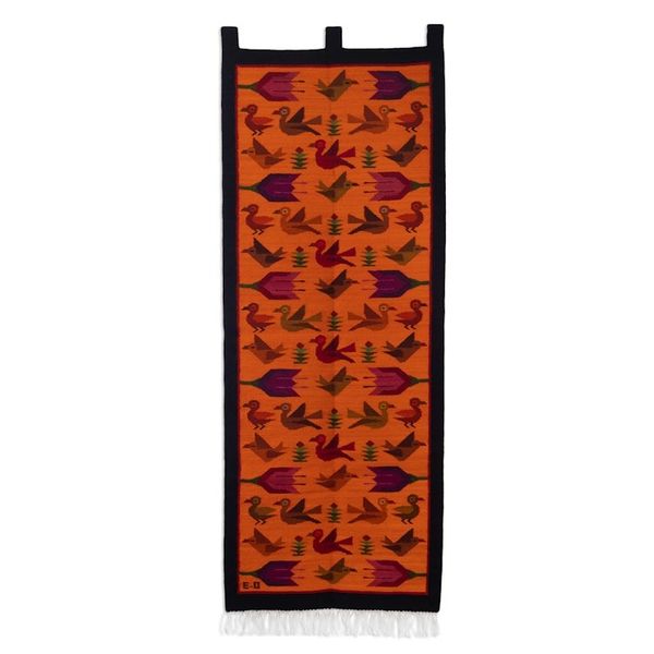Alternate image for Bird-Themed Floral Handloomed 100 Wool Tapestry from Peru Swallows