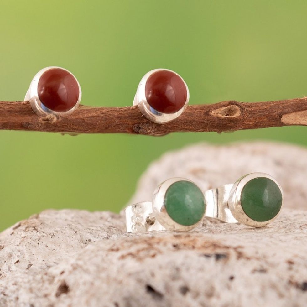Polished Button Earrings with Aventurine and Jasper Pair 'Prosperity Specks'