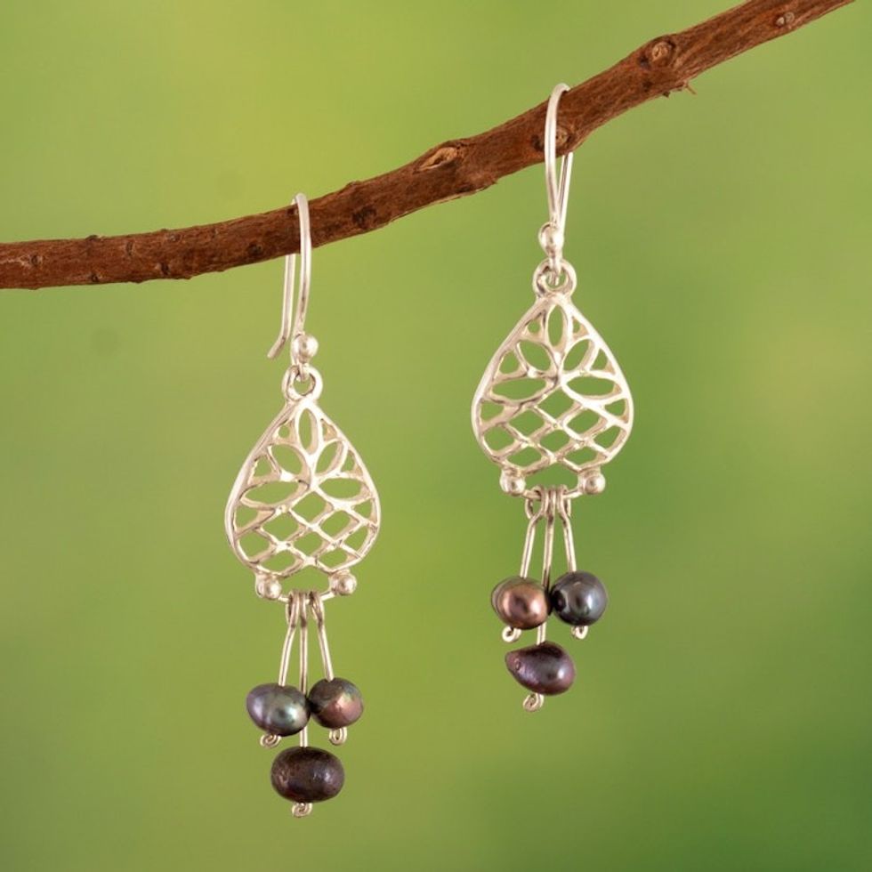 Sterling Silver Leafy Dangle Earrings with Peacock Pearls 'Peacock Leaves'