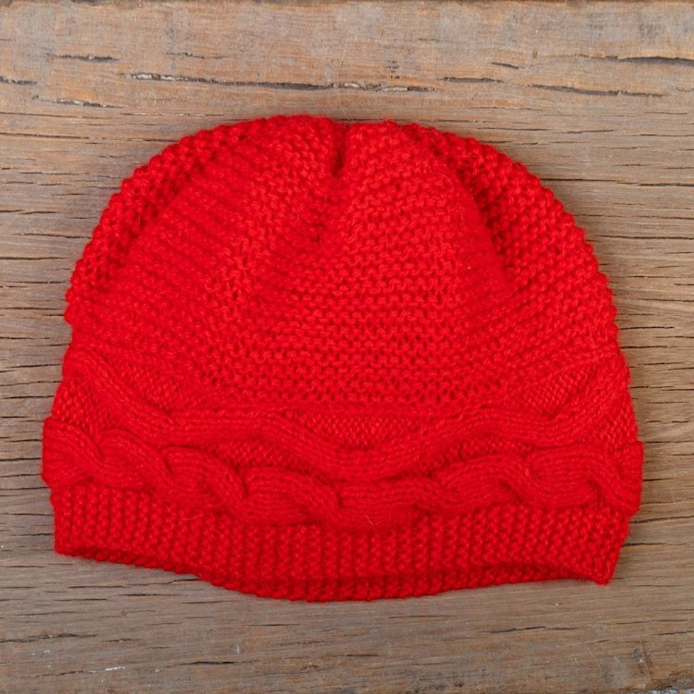 Poppy Alpaca Blend Knit Hat with Cable Stitch Stripe 'Poppy Moments'