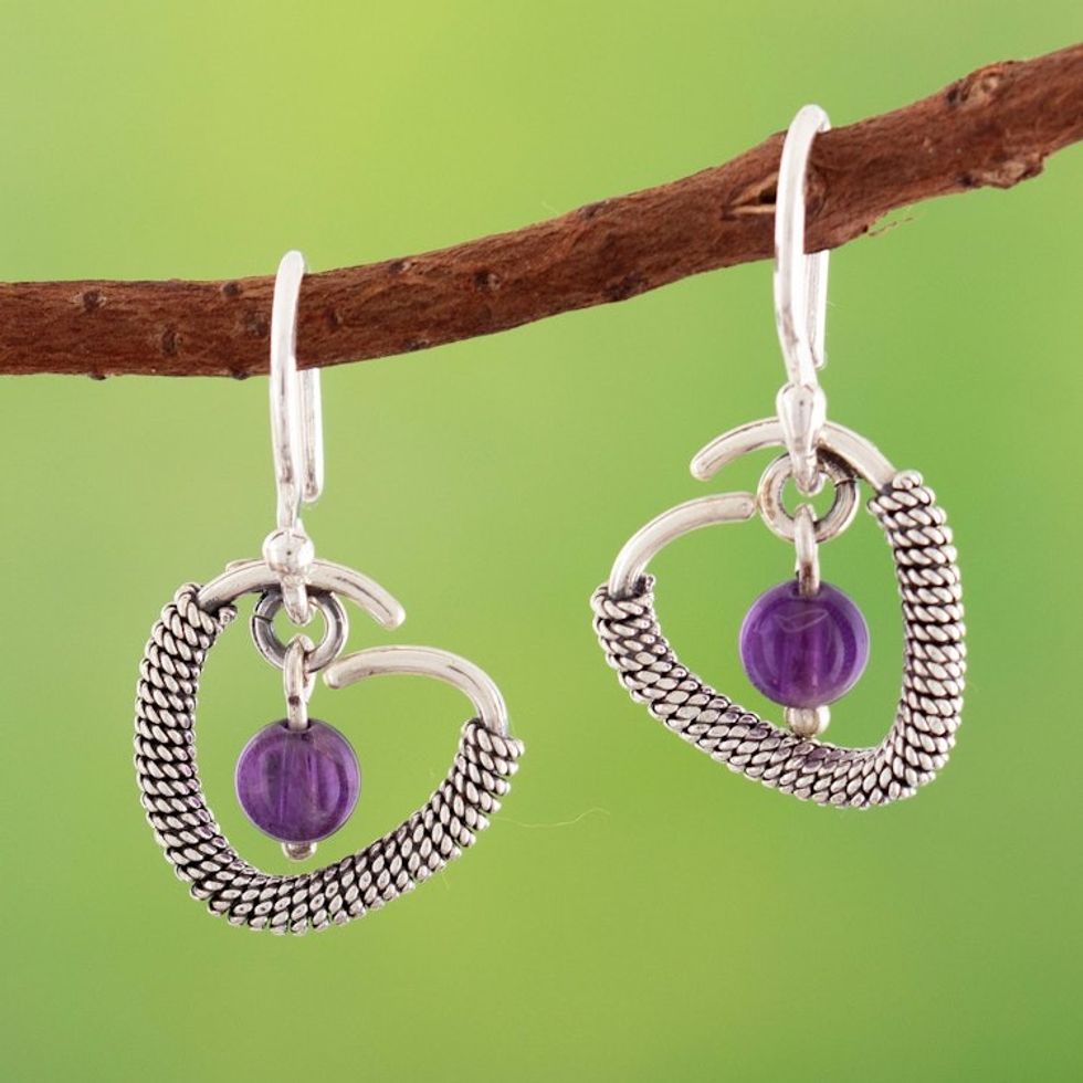 Sterling Silver Heart Dangle Earrings with Amethyst 'Wise Love'