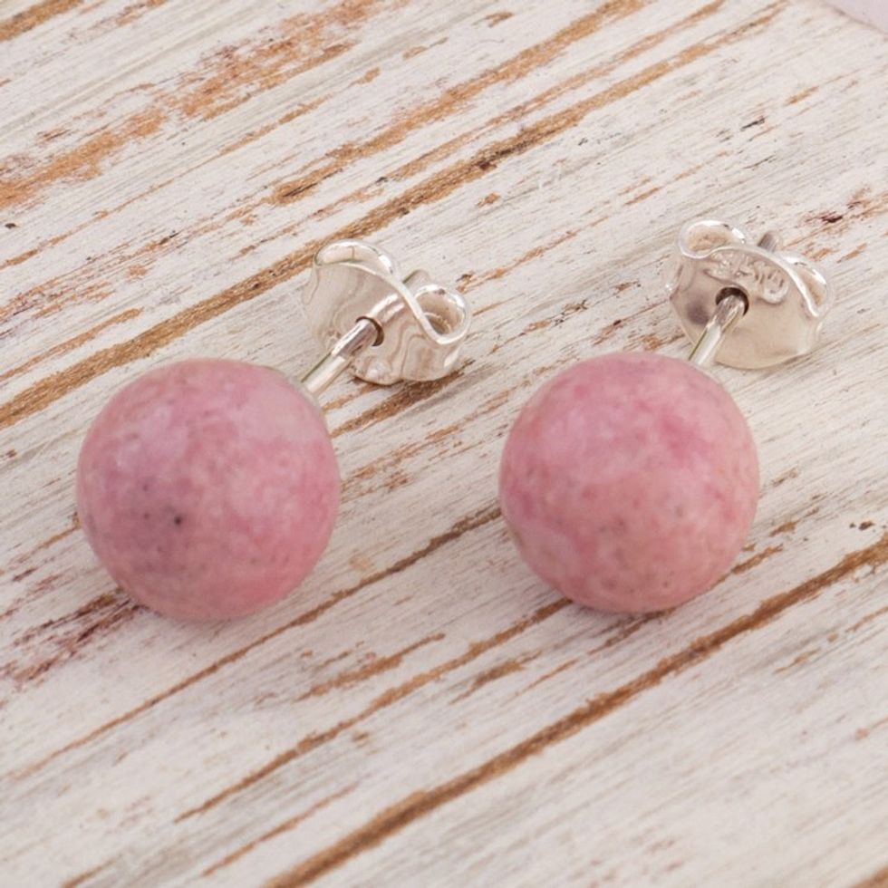 Sterling Silver Stud Earrings with Rhodonite Stone from Peru 'Loving'