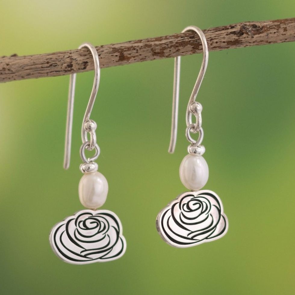 Floral Motif Sterling Silver Earrings with Cultured Pearls 'Rose Sketch'