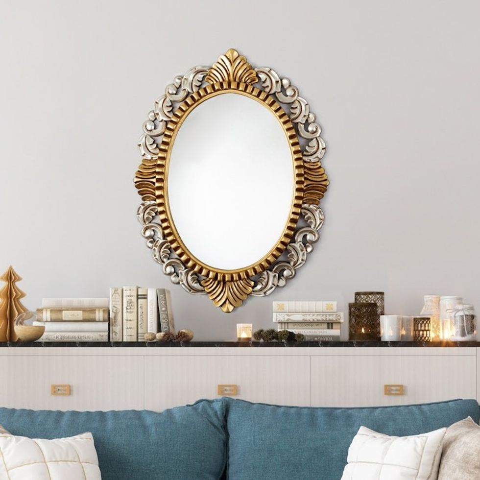 Wood Wall Mirror with Polished Bronze and Aluminum Accents 'Fantasy Queen'