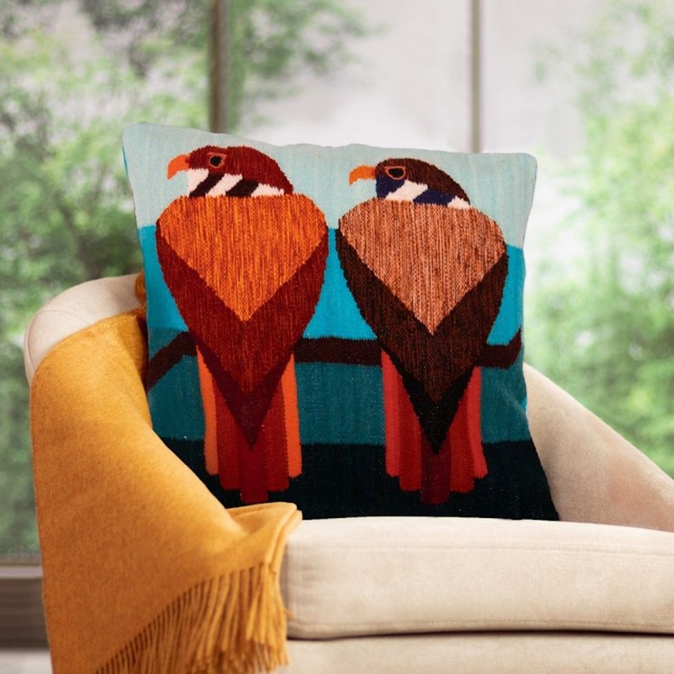 Andean Falcon-Themed Wool Cushion Cover Handwoven in Peru 'Andean Falcons'