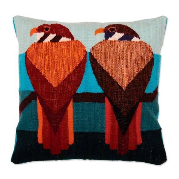 Alternate image for Andean Falcon-Themed Wool Cushion Cover Handwoven in Peru Andean Falcons