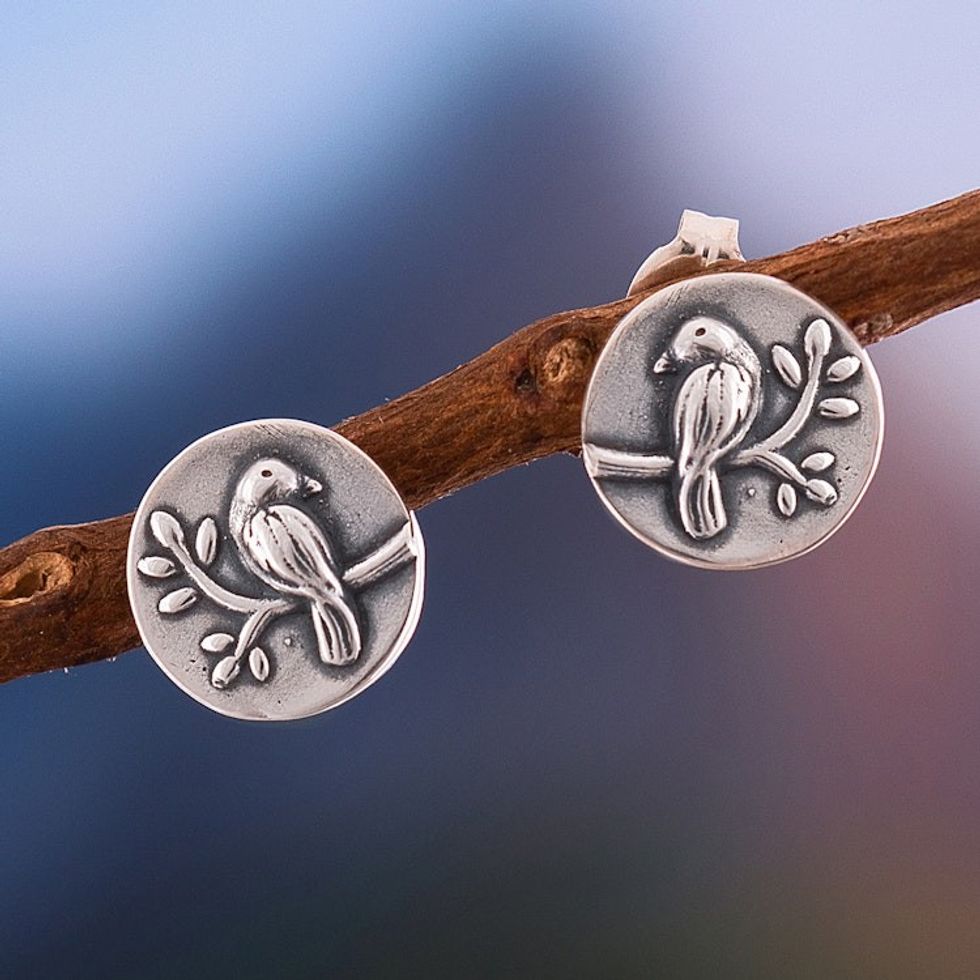 Relief Sparrow-Themed Sterling Silver Stud Earrings 'Petite Sparrows'