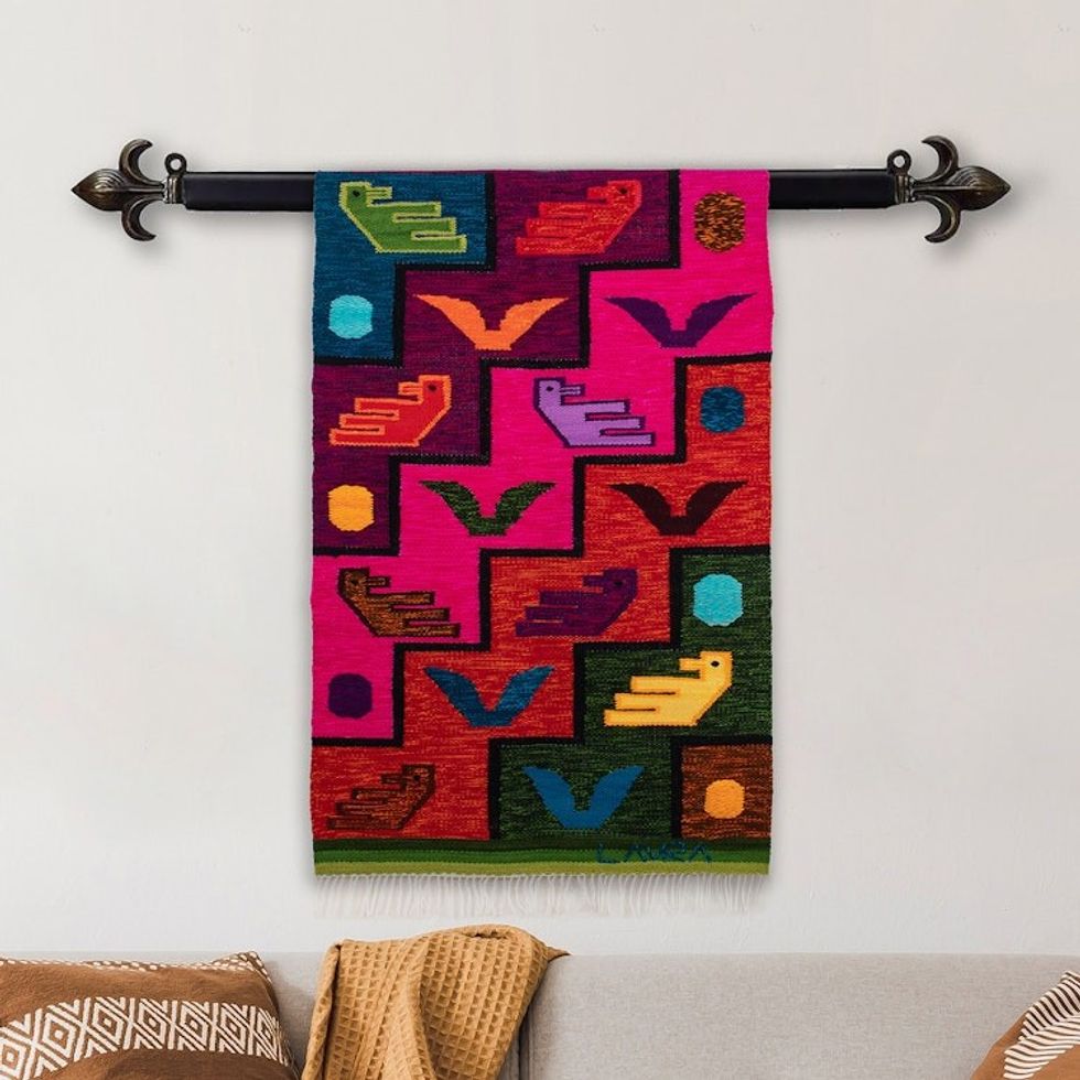 Fringed Bird-Themed Wool Tapestry Hand-Woven in Peru 'Childhood Dream'