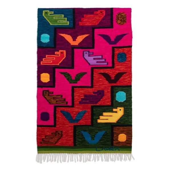 Alternate image for Fringed Bird-Themed Wool Tapestry Hand-Woven in Peru Childhood Dream