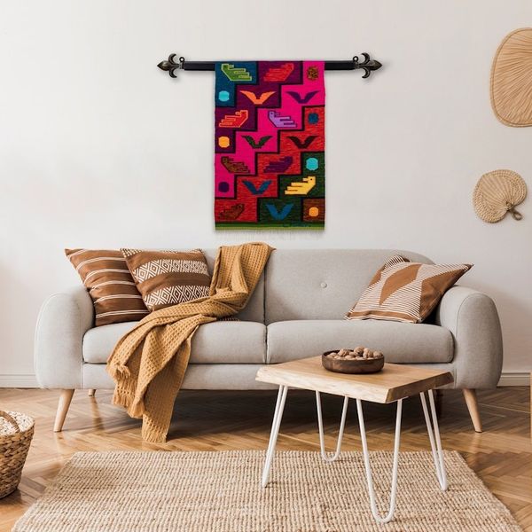 Alternate image for Fringed Bird-Themed Wool Tapestry Hand-Woven in Peru Childhood Dream