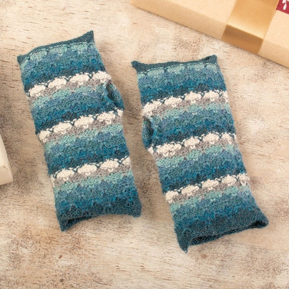 Striped Peacock-Toned 100 Baby Alpaca Fingerless Mitts 'Peacock Winter'