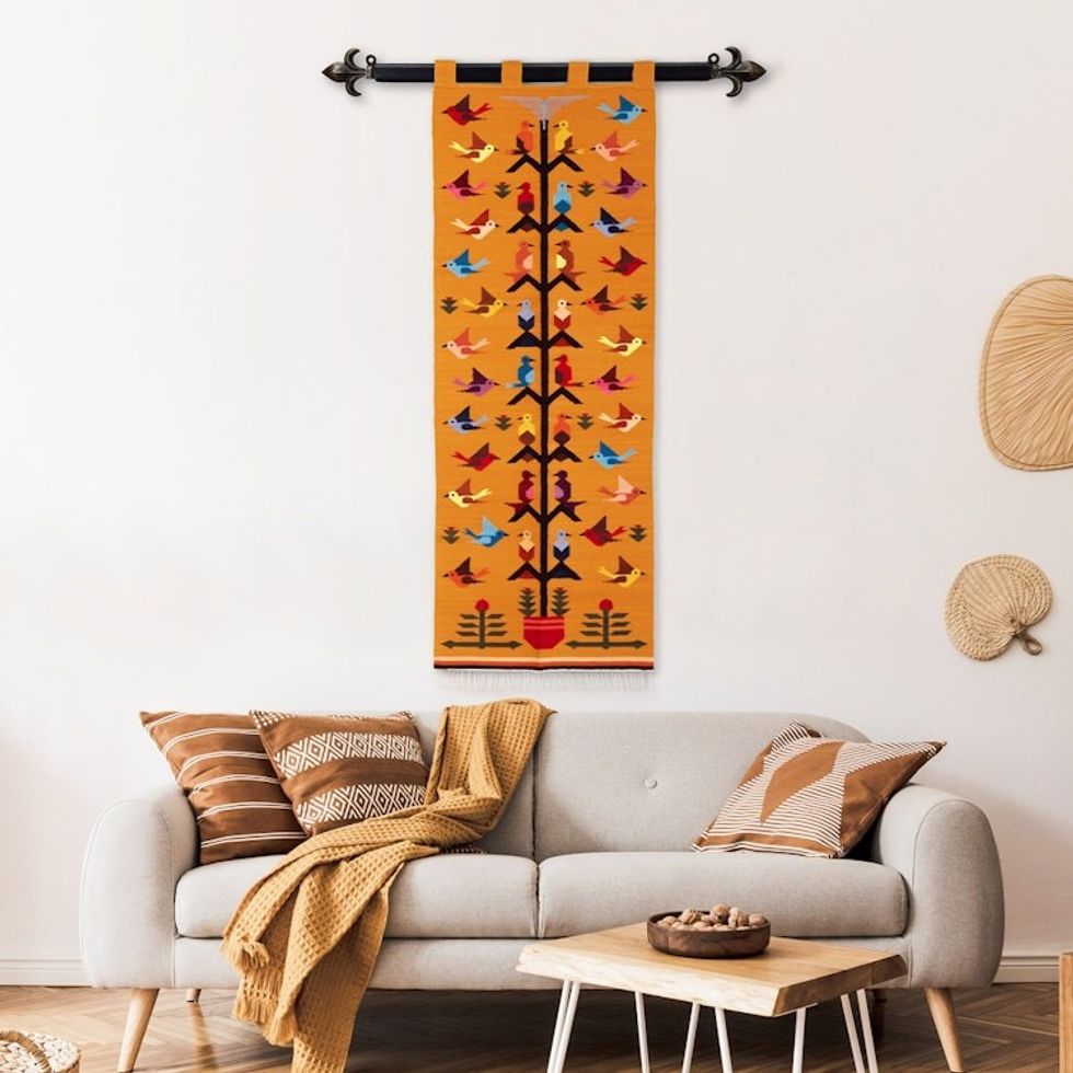 Handwoven Bird-Themed Brown Wool and Cotton Blend Tapestry 'Hummingbird Passage in Brown'
