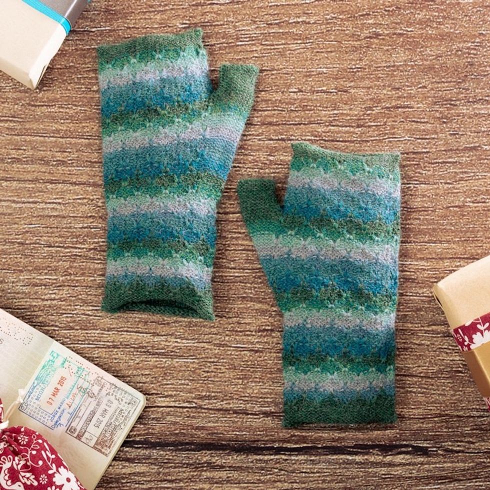 Knit Turquoise Blue Green 100 Baby Alpaca Fingerless Mitts 'Millpu Waters'
