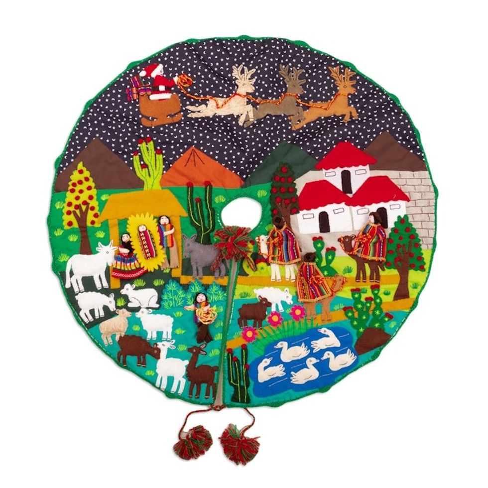 Cotton Blend Applique Christmas Tree Skirt of Andean Scene 'Holiday Excitement'