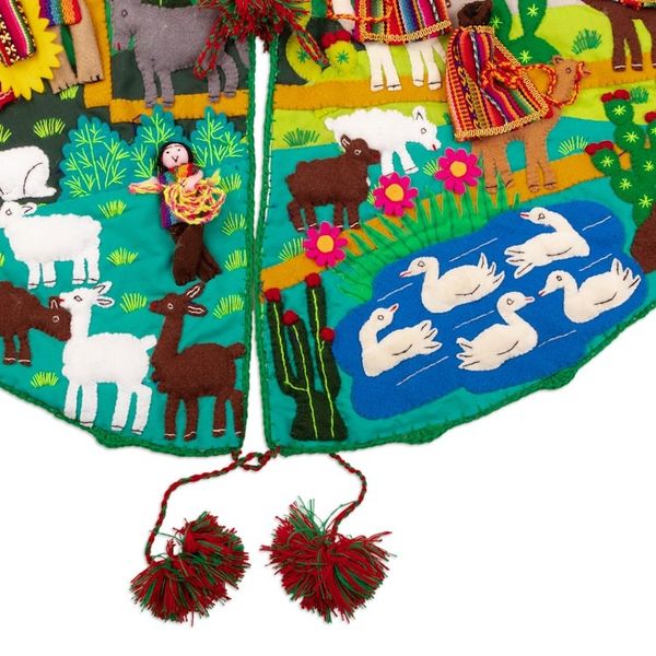 Alternate image for Cotton Blend Applique Christmas Tree Skirt of Andean Scene Holiday Excitement