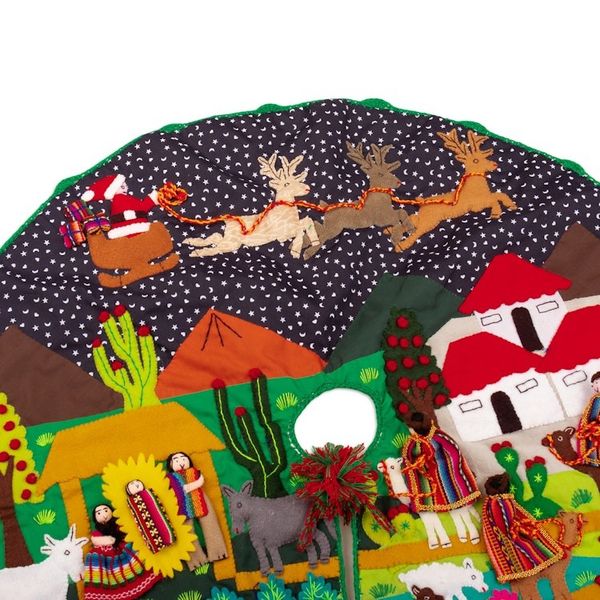 Alternate image for Cotton Blend Applique Christmas Tree Skirt of Andean Scene Holiday Excitement