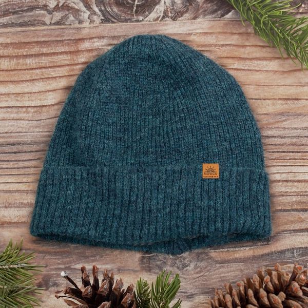Alternate image for Alpaca and Wool Blend Knit Beanie Hat in Peacock Teal Peacock Age