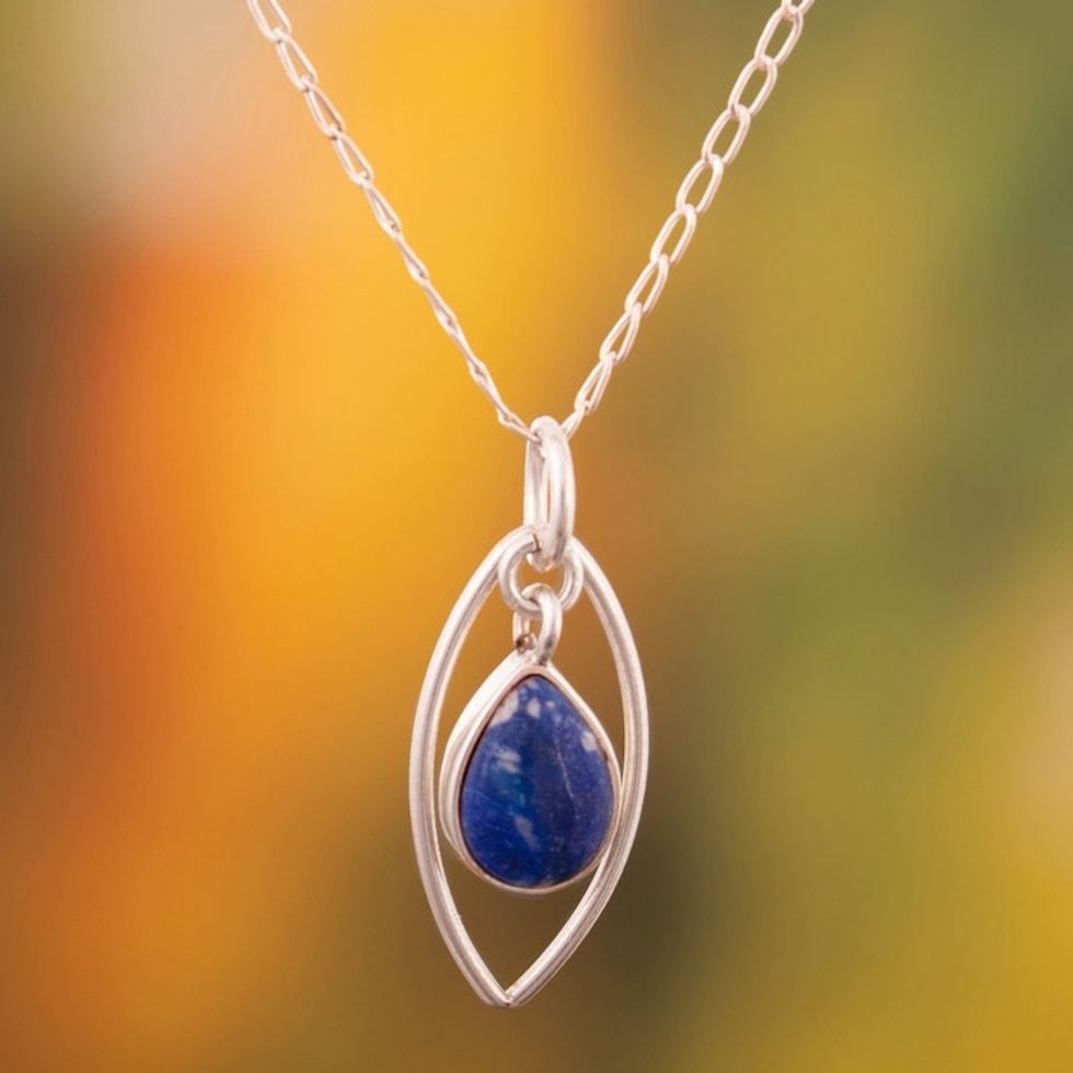 Sterling Silver Pendant Necklace with Teardrop Lapis Lazuli 'Blue Rain'