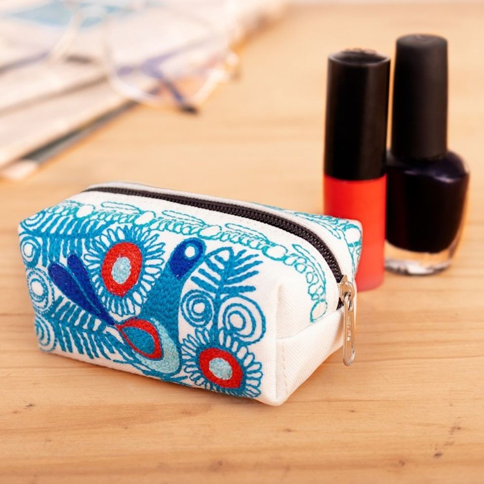 Bird-Themed Blue and White Acrylic Embroidered Cosmetic Bag 'Ethereal Feathers'