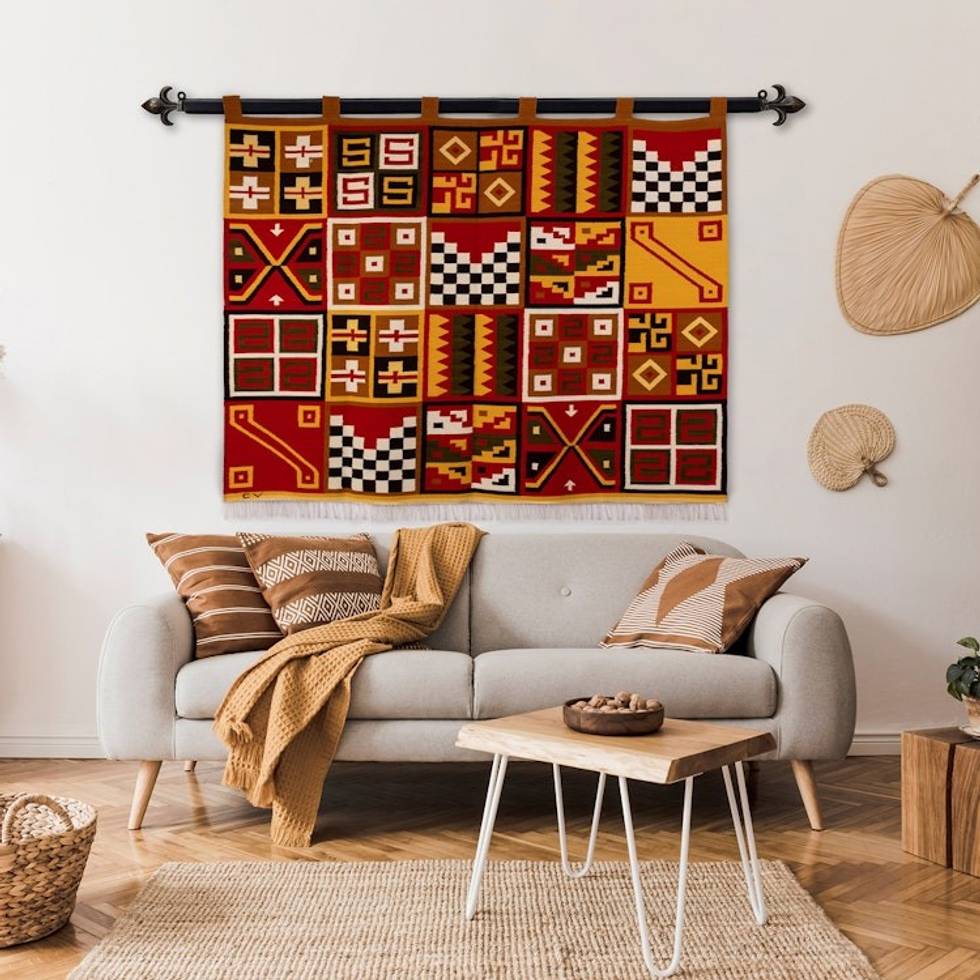 Handwoven Geometric-Themed Andean Wool Blend Tapestry 'Tribal II'
