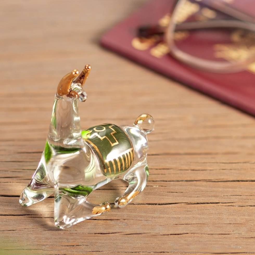 Gilded Clear Green Glass Llama Figurine Hand-Blown in Peru 'Llama's Rest'