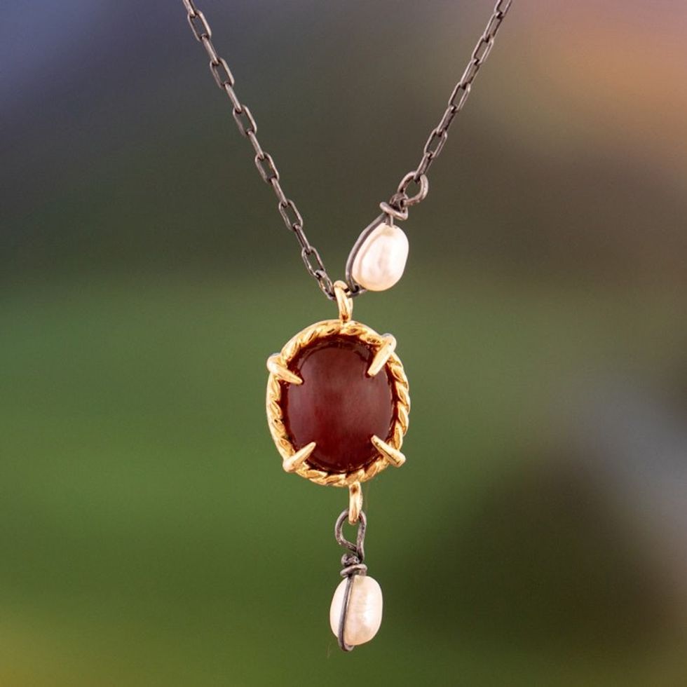 18k Gold-Accented Carnelian Cultured Pearl Pendant Necklace 'Crimson Eclipse'